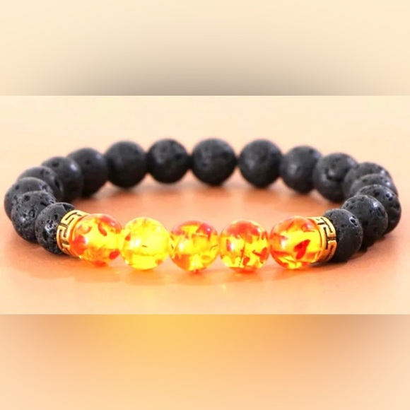 Other - Dragon’s Breath Black Lava Rock & Orange Fire Beads Round Ball Stretchy Bracelet